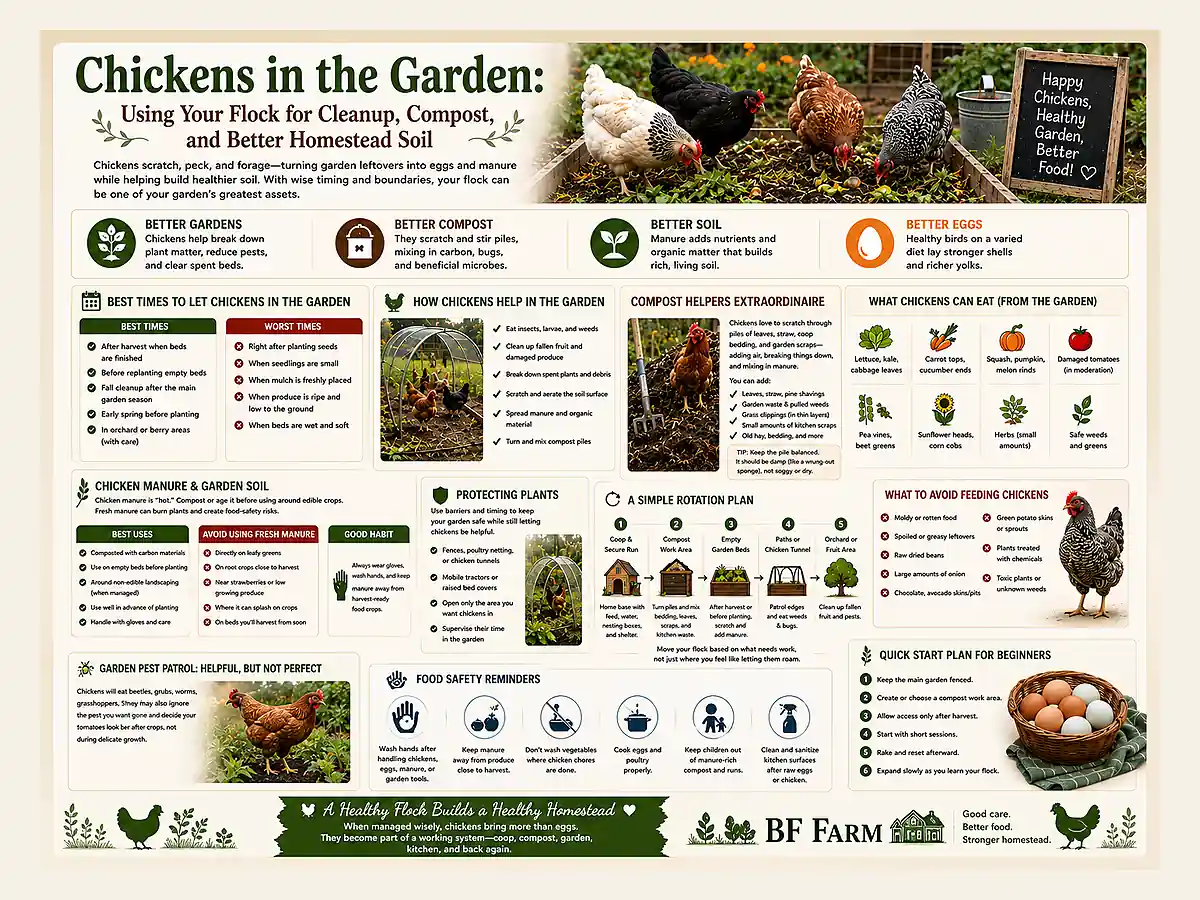 Chickens in the Garden: Using Your Flock for Cleanup, Compost, and Better Homestead Soil at BF Farm Kunekune Pigs