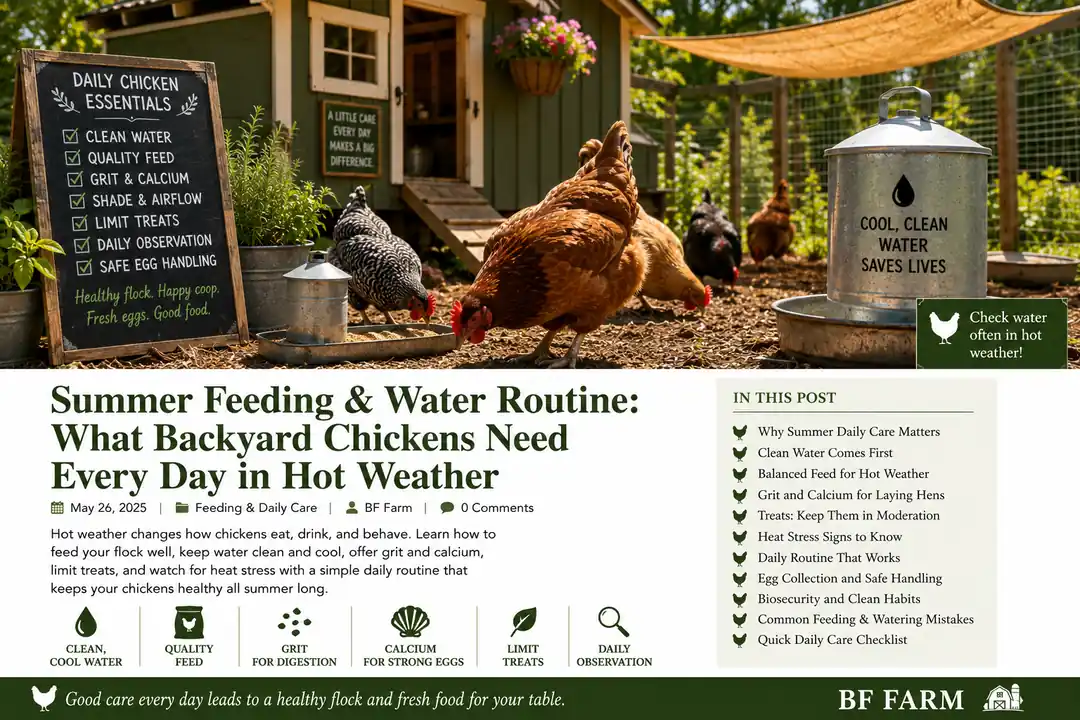 Summer Feeding & Water Routine: What Backyard Chickens Need Every Day in Hot Weather at BF Farm Kunekune Pigs