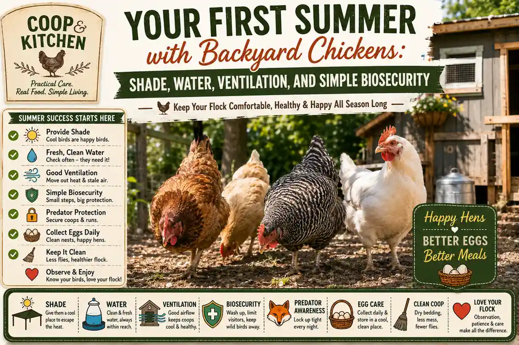 Your First Summer With Backyard Chickens: Shade, Water, Ventilation, and Simple Biosecurity at BF Farm Kunekune Pigs