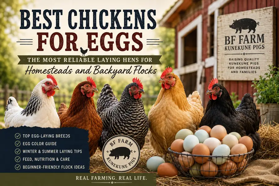 Best Chickens for Eggs: The Most Reliable Laying Hens for Homesteads and Backyard Flocks at BF Farm Kunekune Pigs