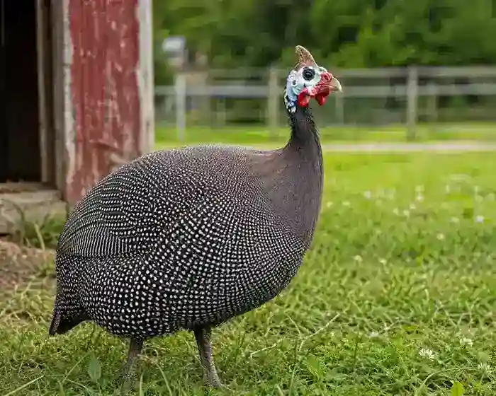 Guinea fowl at BF Farm Kunekune Pigs used for barnyard awareness and tick patrol