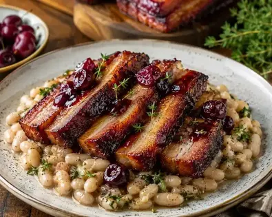 Applewood-Smoked Kunekune Pork Belly with Cherry-Balsamic Glaze and Herbed White Beans at BF Farm Kunekune Pigs