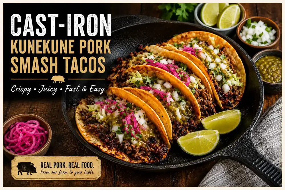 Cast-Iron Kunekune Pork Smash Tacos at BF Farm Kunekune Pigs