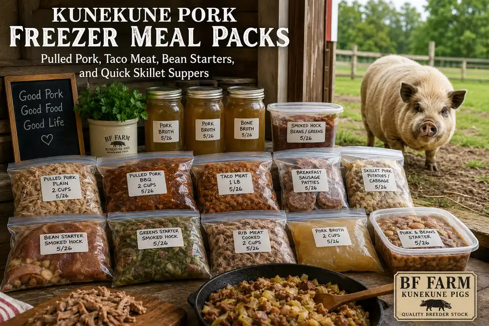 Kunekune Pork Freezer Meal Packs: Pulled Pork, Taco Meat, Bean Starters, and Quick Skillet Suppers at BF Farm Kunekune Pigs