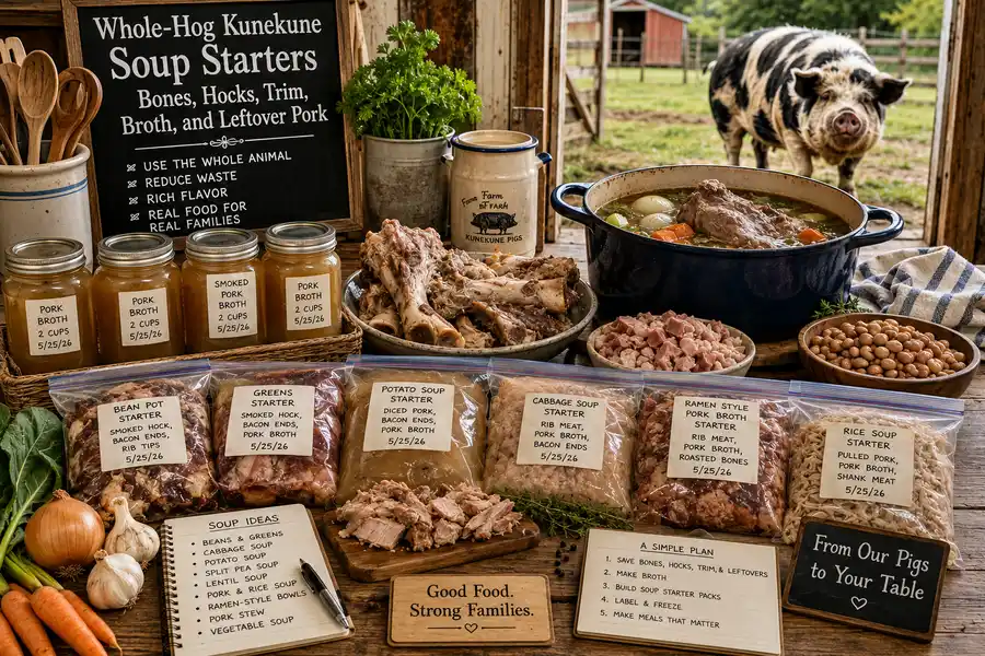 Whole-Hog Kunekune Soup Starters: Bones, Hocks, Trim, Broth, and Leftover Pork at BF Farm Kunekune Pigs